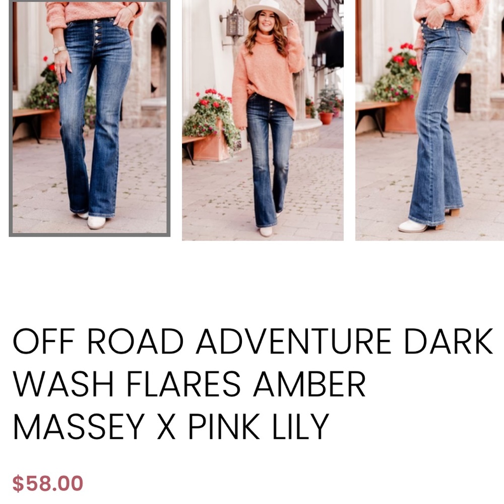 BRAND NEW!! Pink lily Dark wash Flares. Size 31. Has stretch. Tags still on.
